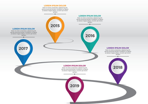 Timeline info graphic 5 milestone like a road. business concept infographic template. Vector Infographic Company Milestones Timeline Template with pointers on a curved road line. Yearly infographic.