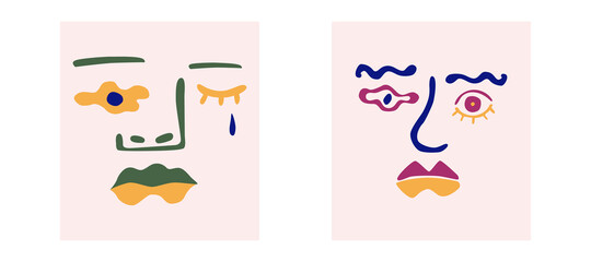 Set of vector illustrations portraits, surreal faces. Abstract shapes, silhouettes of faces. Collecton of posters with modern faces