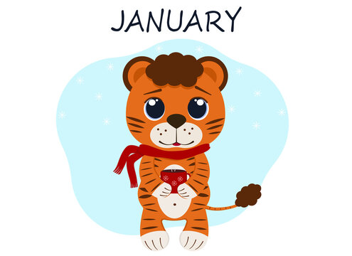 Illustration of a tiger cub for the month of january with cocoa and a scarf