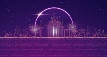 Graphic Futuristic City With Outer Space Purple Planet