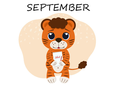 Illustration of a tiger cub in September with a copybook and text school