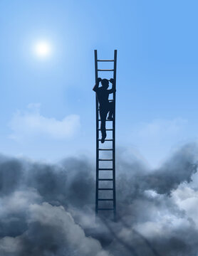 An overachiever, a man, climbs a ladder through dark storm clouds to find sunshine and blue skys above the storm. This is a 3-D illustration.