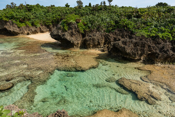 Seascape view from cliff,  natural pool, rock formation typical from coast, natural vegetation and a hidden small beach on background. Iriomote island.