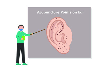 Acupuncture vector concept. Male acupuncturist explaining acupuncture points on ear - obrazy, fototapety, plakaty
