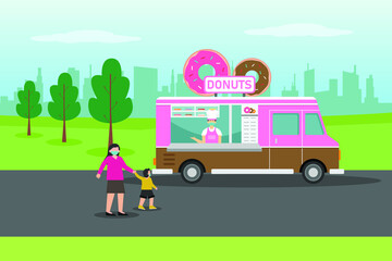 Food truck vector concept. Child and mother buying donuts on food truck at the park