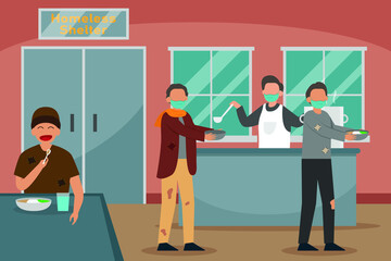 Homeless vector concept. Homeless men getting meals in homeless shelter