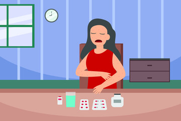 Drugs Allergy vector concept: Woman suffering from itching on her skin and scratching an itchy place after