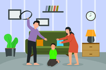 Child abuse vector concept: Young father hitting his son with his belt while mother help him