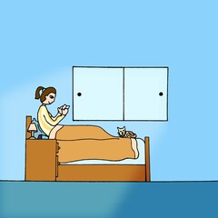 Personaje leyendo contenta en la habitación. 