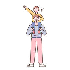 The child is riding on his father's shoulders and having fun. flat design style minimal vector illustration.