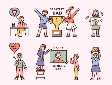 Father's Day. Children are rewarding and giving love to the best dad. flat design style minimal vector illustration.