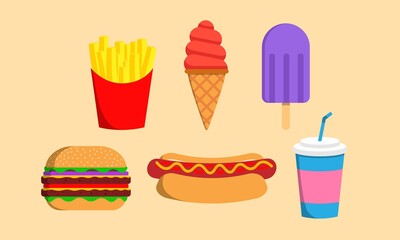 Ilustraciones de comida rápida. Papas fritas. Helado. Hamburguesa.