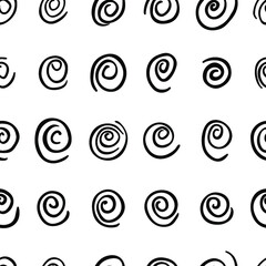 Grunge texture seamless pattern of different spirals. Hand drawn ink brush black and white stains design elements. Vector illustration for wallpaper, greeting card, wrapping paper, textile, cover