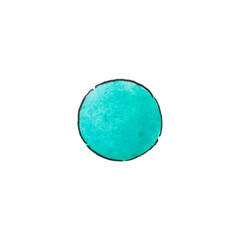 A golf ball, isolated on a white background. Turquoise circle. The illustration is hand-drawn with watercolor.
