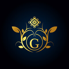 Elegant G Luxury Logo. Golden Floral Alphabet Logo with Flowers Leaves. Perfect for Fashion, Jewelry, Beauty Salon, Cosmetics, Spa, Boutique, Wedding, Letter Stamp, Hotel and Restaurant Logo.