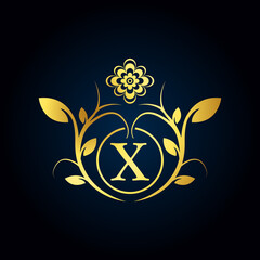 Elegant X Luxury Logo. Golden Floral Alphabet Logo with Flowers Leaves. Perfect for Fashion, Jewelry, Beauty Salon, Cosmetics, Spa, Boutique, Wedding, Letter Stamp, Hotel and Restaurant Logo.