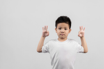 Smart little Asian boy studio portrait on gray background