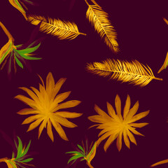 Fototapeta na wymiar Violet Seamless Design. Autumn Pattern Design. Yellow Tropical Texture. Beige Floral Palm. Indigo Flower Plant. Cobalt Decoration Design. Flora Exotic.