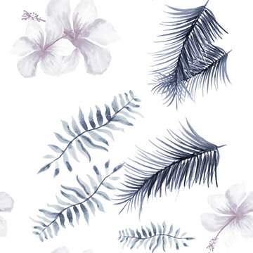 Indigo Tropical Vintage. Gray Seamless Textile. Navy Pattern Botanical. White Flower Botanical. Blue Spring Textile. Azure Decoration Vintage. Wallpaper Art.
