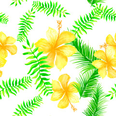 Fototapeta na wymiar Gray Tropical Textile. Natural Seamless Vintage. Organic Pattern Plant. Green Flower Illustration. White Spring Botanical. Yellow Decoration Design. Garden Textile.