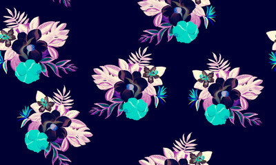 Blue Seamless Background. Purple Pattern Leaves. Indigo Tropical Textile. Pink Floral Textile. Cobalt Flora Art. Navy Watercolor Plant. Decoration Plant.