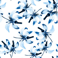 Gray Seamless Leaves. Navy Pattern Painting. White Tropical Art. Cobalt Flower Textile. Blue Floral Painting. Decoration Botanical. Watercolor Exotic.