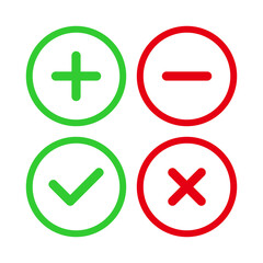 plus icon, minus icon, check mark icon, and cross icon vector sign symbol