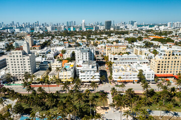 Aerial drone view of Miami Beach over the Art Deco districts in South Beach