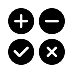 plus icon, minus icon, check mark icon, and cross icon vector sign symbol