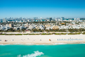 Fototapeta na wymiar Aerial drone view of Miami Beach over the Art Deco districts in South Beach