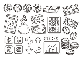 お金にまつわるイラスト素材のセット　線画