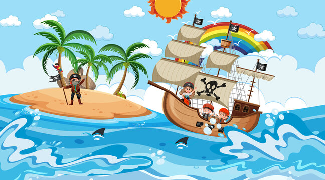 Beach with Pirate ship at daytime scene in cartoon style