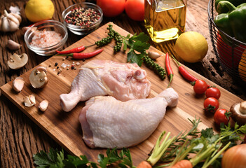 Fresh raw chicken thighs with ingredients for cooking on a wooden cutting board