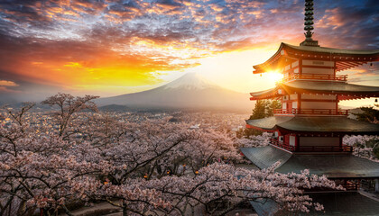 Fujiyoshida, Japan Beautiful view of mountain Fuji and Chureito pagoda at sunset, japan in the spring with cherry blossoms - obrazy, fototapety, plakaty