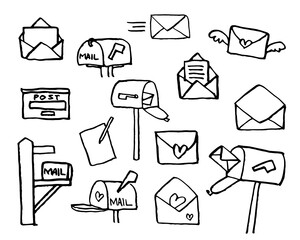 transparent hand drawn mailbox , letter, message open envelope communication icon set