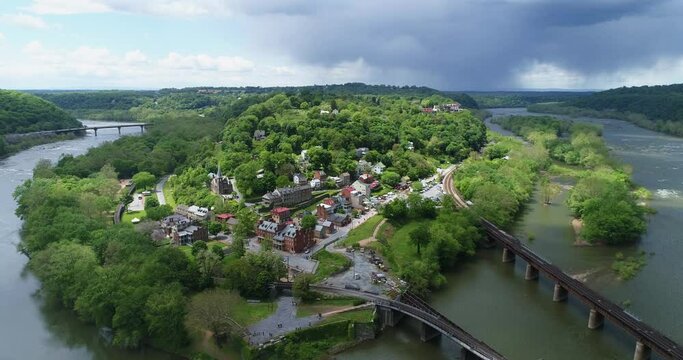 Aerial Drone shot of Historic Downtown Harpers Ferry, West Virginia