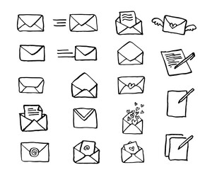 transparent hand drawn email, letter, message open envelope communication icon set