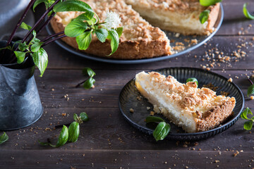 Beautiful and tasty curd pie on a wooden background surrounded by greenery. Spring breakfast, herbs, morning, homemade cakes. Selective focus.