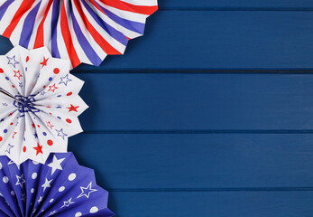 Decorations for 4th of July day of American independence, flag, candles, straws, paper fans. USA...