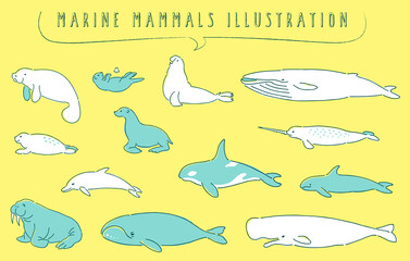 手描き風の海洋哺乳類のイラストセット