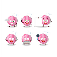 Cartoon character of pink candy with various chef emoticons