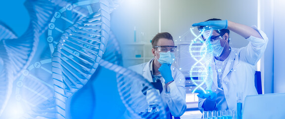 Double exposure DNA of Medicine doctor touching DNA virtual hologram interface or Digital...