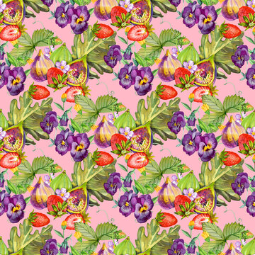 Seamless pattern with hand painted watercolor strawberry inspired by summer garden. Colorful fruit background perfect for fabric textile, sweet fruit menu or digital scrapbooking
