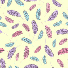 Feathers seamless pattern. Boho pattern with chicken feathers. Vector illustration. Design for textiles, packaging, wrappers, greeting cards, paper, printing.