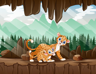Obraz premium Cartoon a mother leopard with her cub in the cave