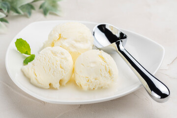 皿に盛り付けられたバニラアイスクリーム