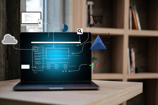 Mock Up Laptop Conputer On Desk In Modern Office With Icon. Web Desinger, Develop, Ux Ui Concept