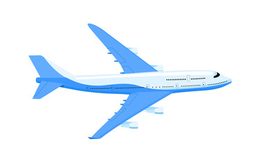 The plane is passenger. Airplane flight forward in the air. Flying planes, cargo services. Isolated vector illustration on white background.