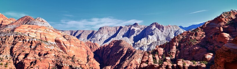 Padre Canyon, Snow Canyon State Park, Saddleback Tuacahn desert hiking trail landscape panorama views, Cliffs National Conservation Area Wilderness, St George, Utah, United States. USA.