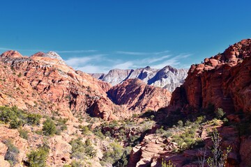 Padre Canyon, Snow Canyon State Park, Saddleback Tuacahn desert hiking trail landscape panorama views, Cliffs National Conservation Area Wilderness, St George, Utah, United States. USA.